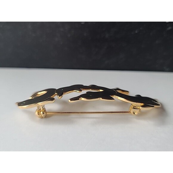 Gold Tone Metal Green Enamel Eyed Dolphins Jumping Shaped Brooch - Picture 5 of 10